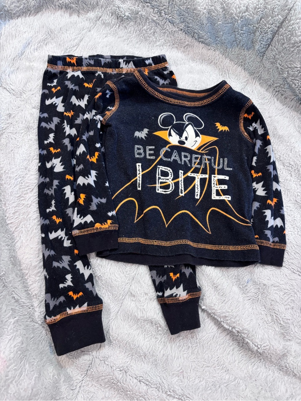 Disney Mickey Mouse Black & Orange 'Be Careful I Bite' Bat Pajama Set
